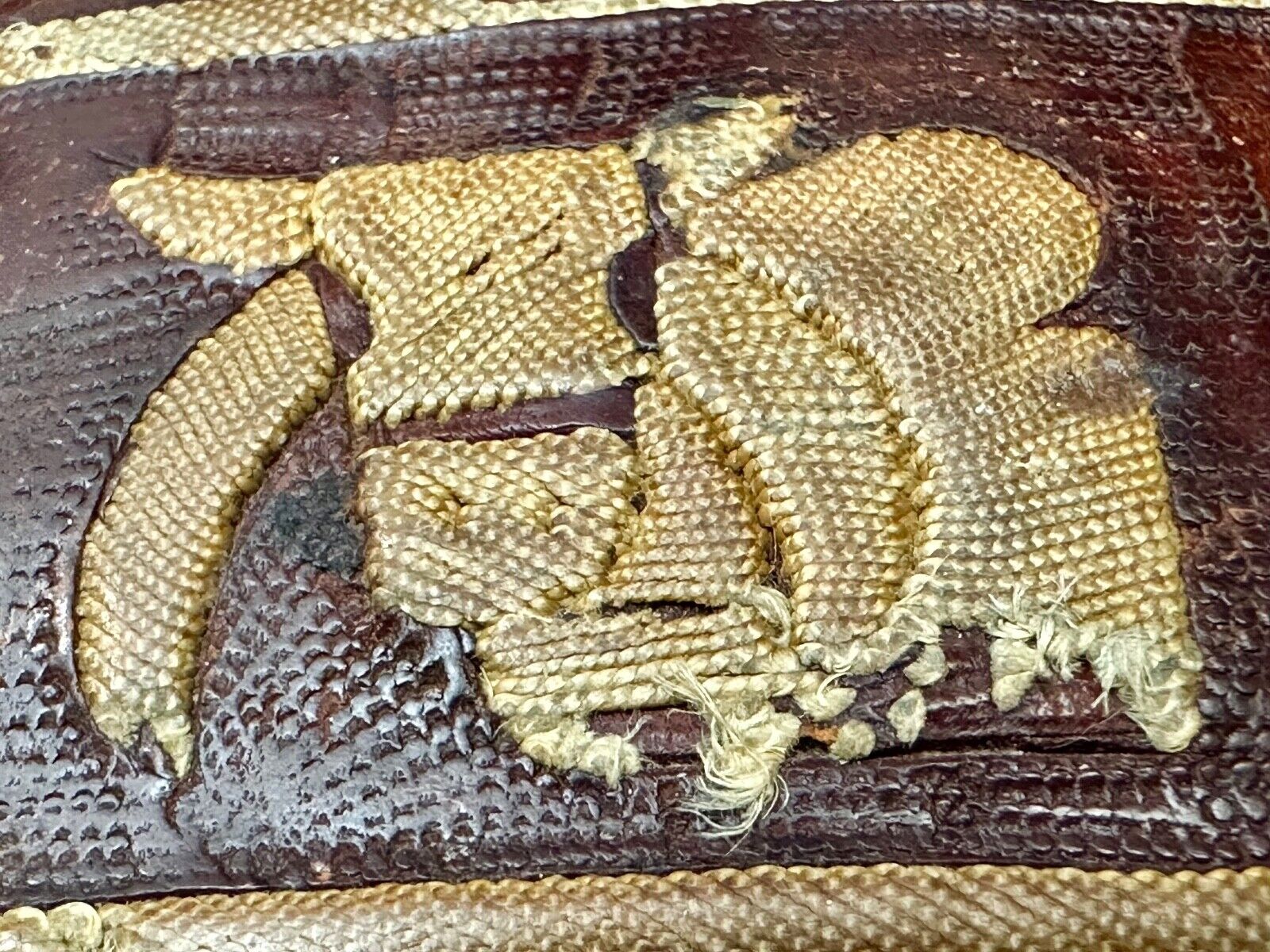 Unique Calf? Cow? Goat? Vintage brown leather stitched Belt Buckle