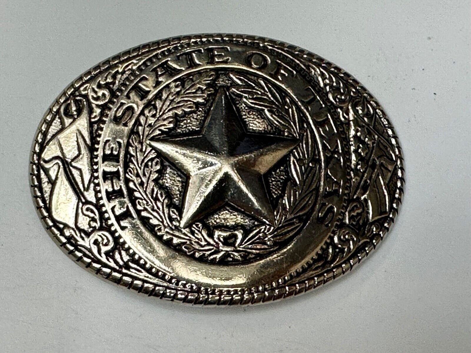 The Great State of TEXAS Star Flag Olive Branch Gold Tone Oval Belt Buckle