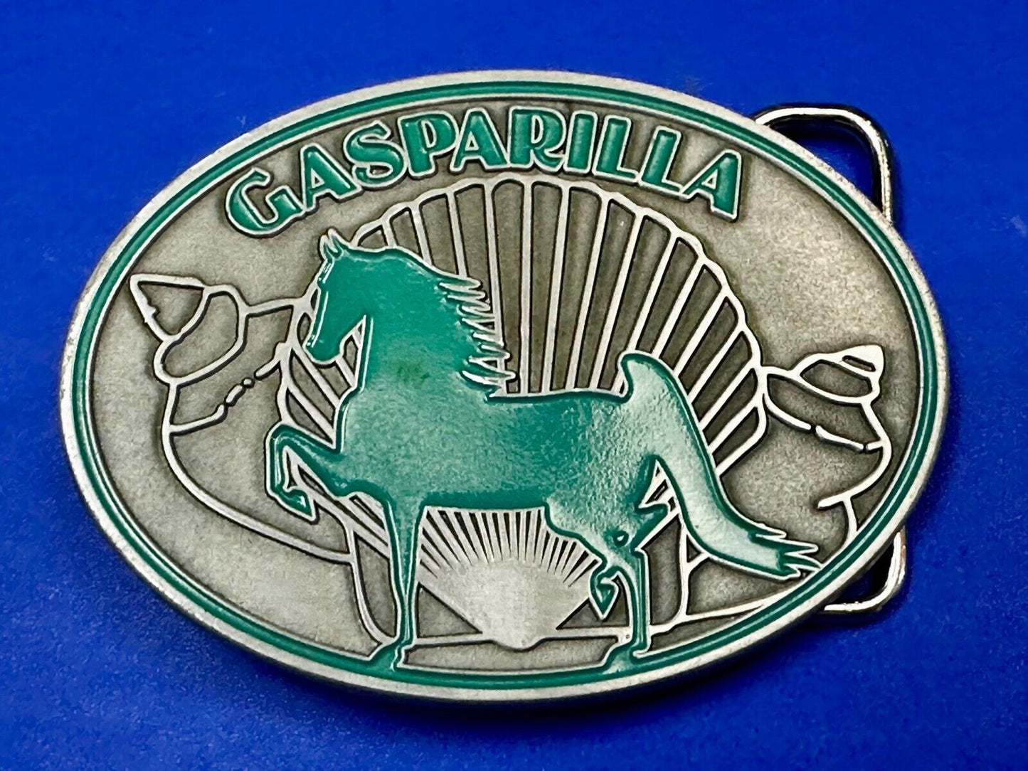 Gasparilla Horse Stallion W/ Sea Shells Green Enameled Accents Belt Buckle