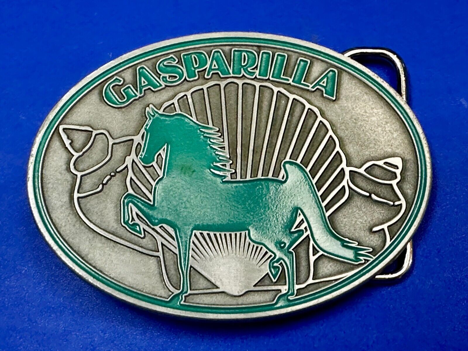 Gasparilla Horse Stallion W/ Sea Shells Green Enameled Accents Belt Buckle