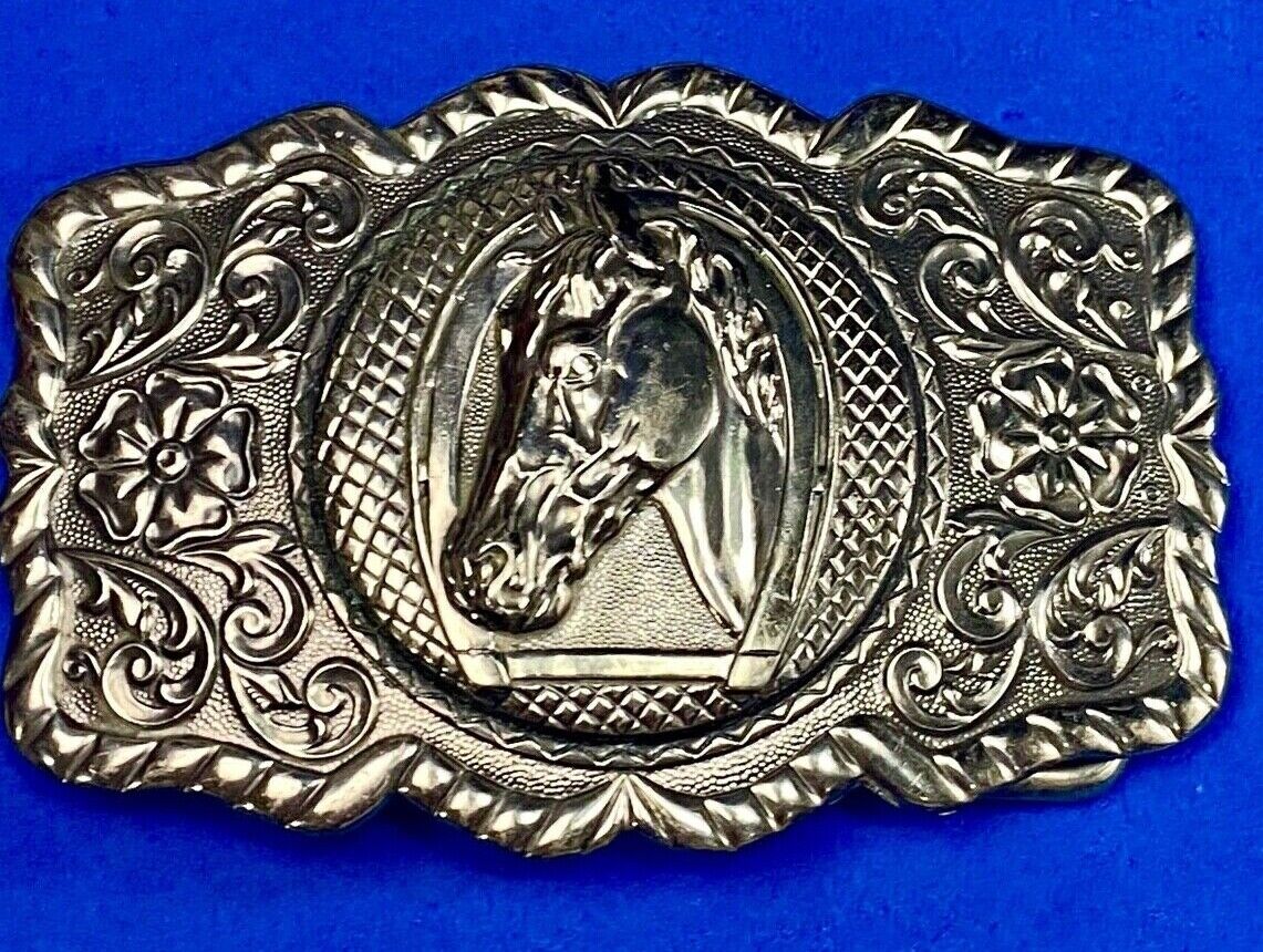 Vintage Horse Head - Horseshoe Nickel Silver Belt Buckle By Bell Trading Co