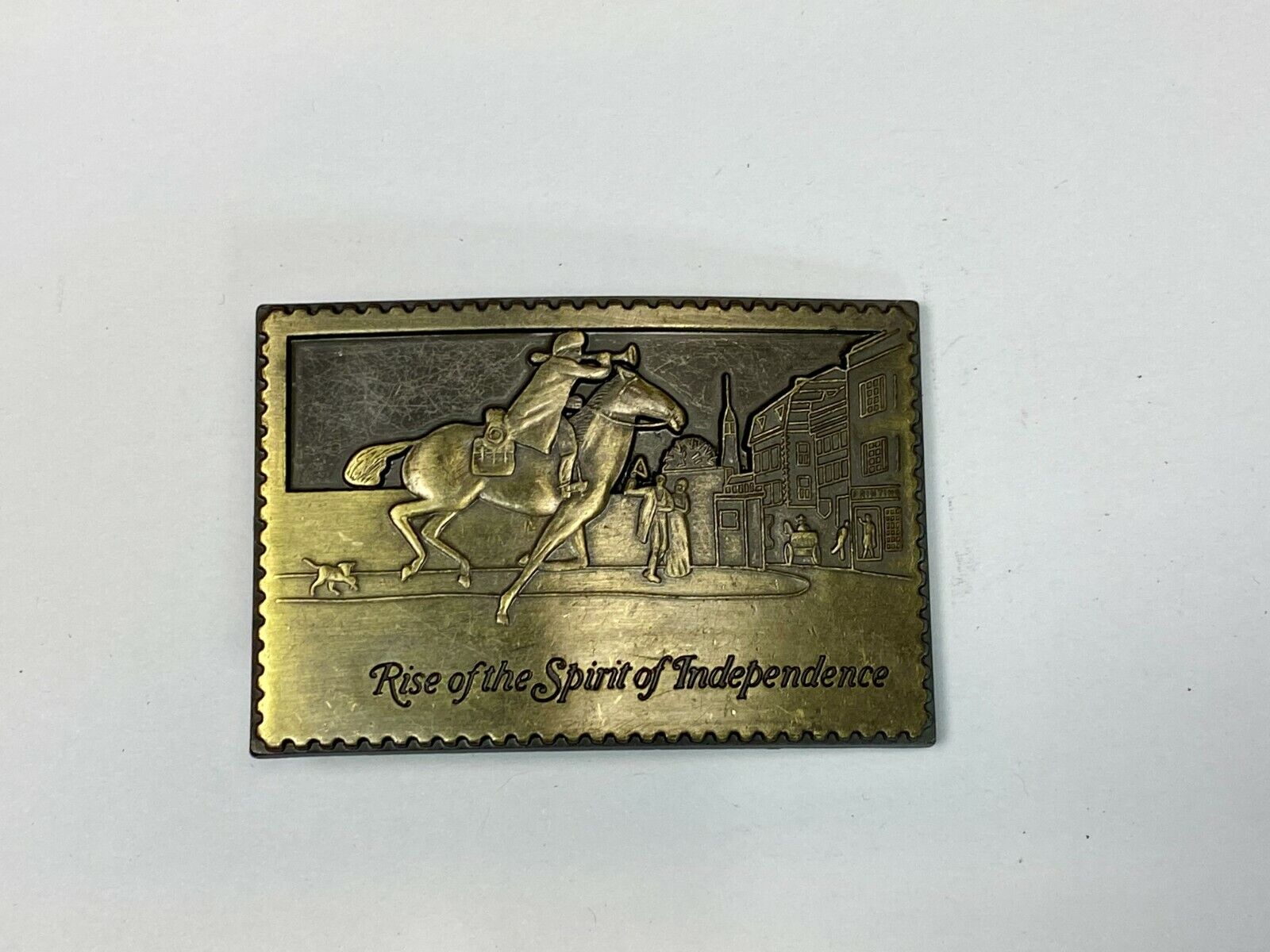 Vintage Cut Out Stamp Rise Of The Spirit Of Independence Horse Rider Belt Buckle