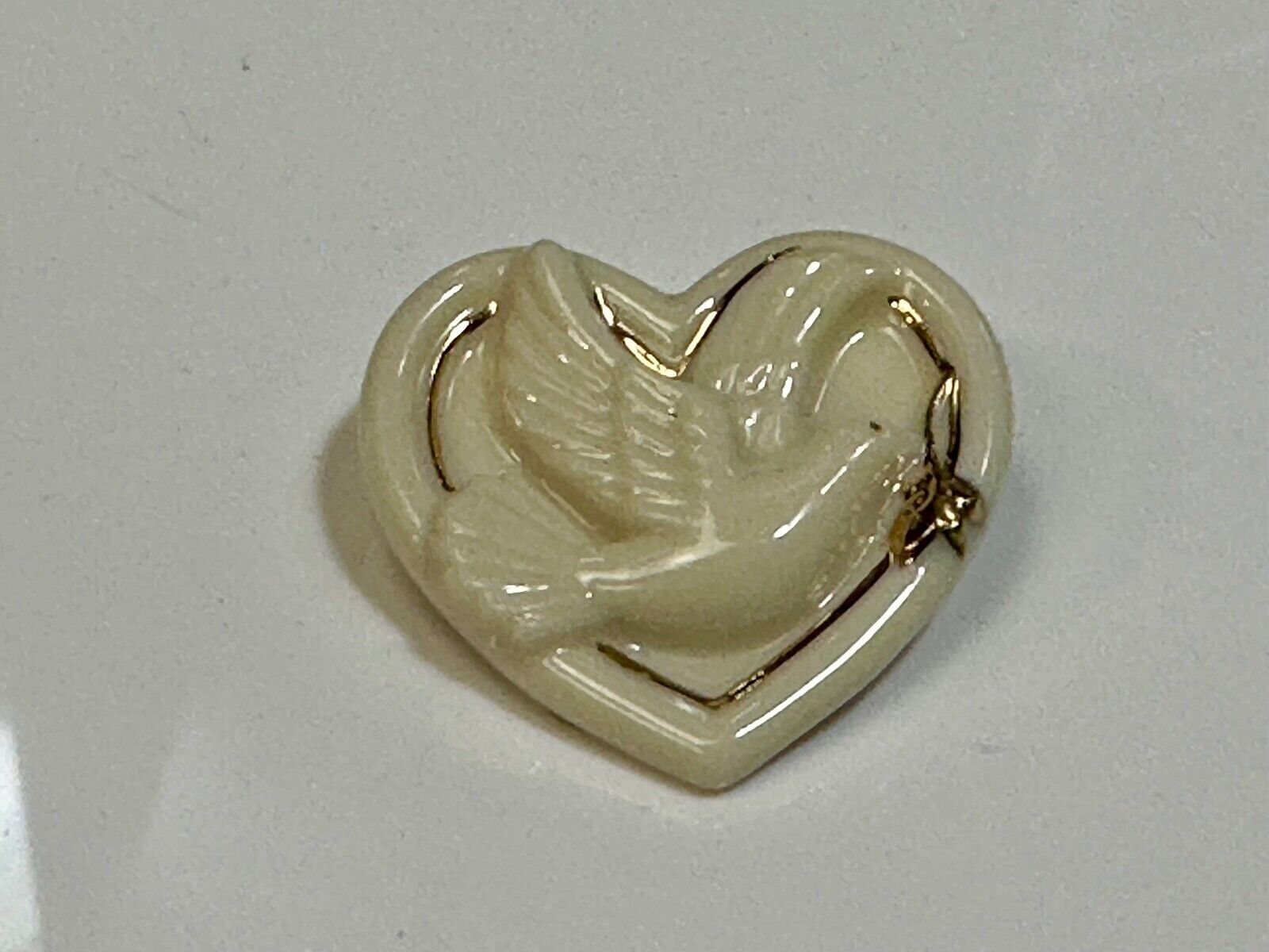 Vintage Lenox Heart Shaped Brooch with Peace Dove & Olive Branch, Gold Trim