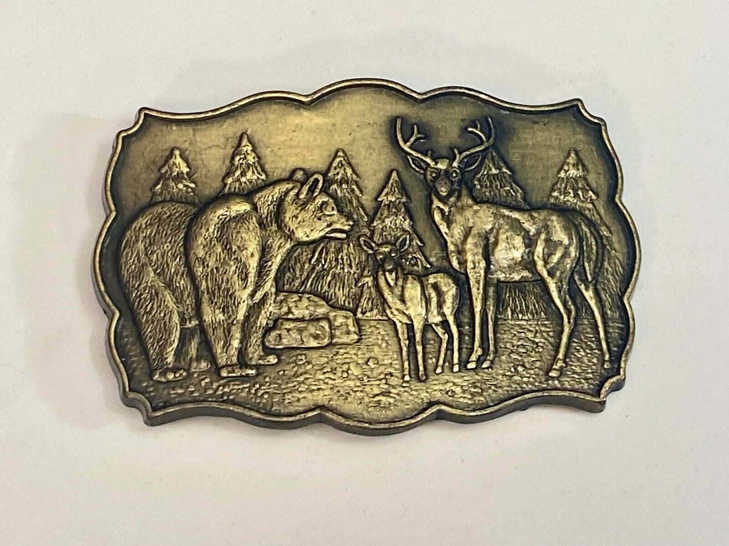 Vintage Deer & Doe With Grizzly Bear In Pine Trees Nature Scene Belt Buckle 