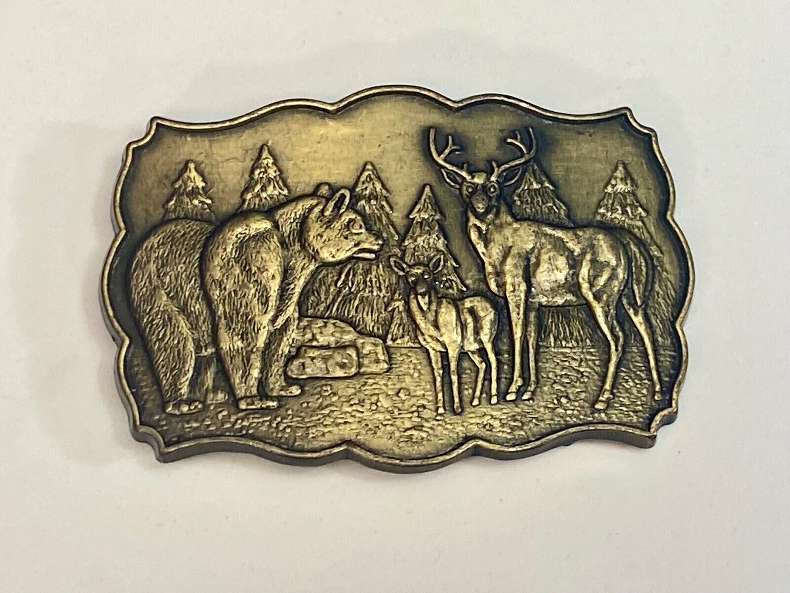 Vintage Deer & Doe With Grizzly Bear In Pine Trees Nature Scene Belt Buckle 