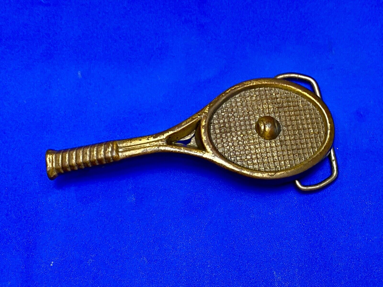 Unique Figural Tennis Racket and ball Sports Game brass tone belt buckle
