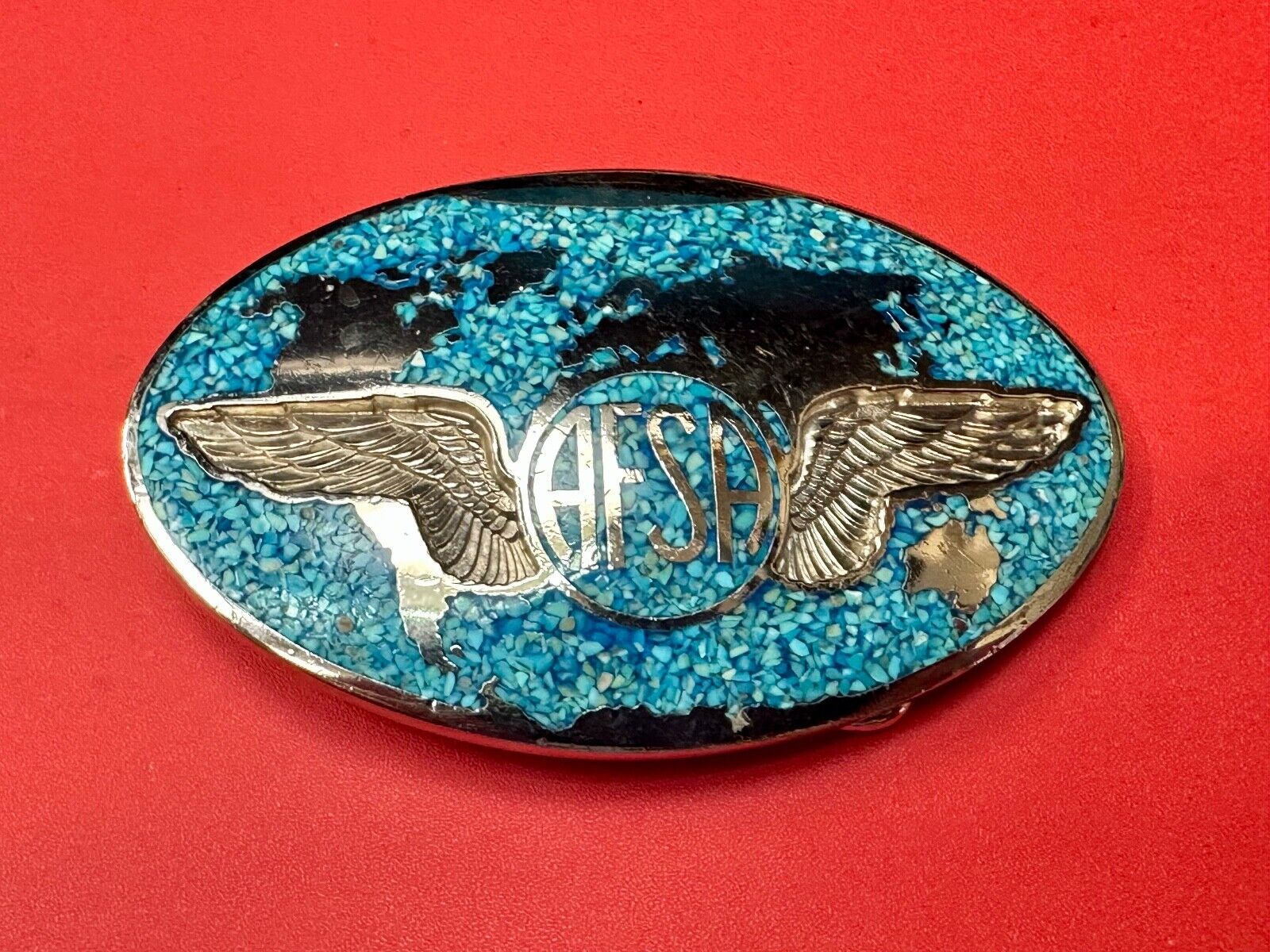 Air Force Sergeants Association AFSA Turquoise Chip inlaid oval belt buckle
