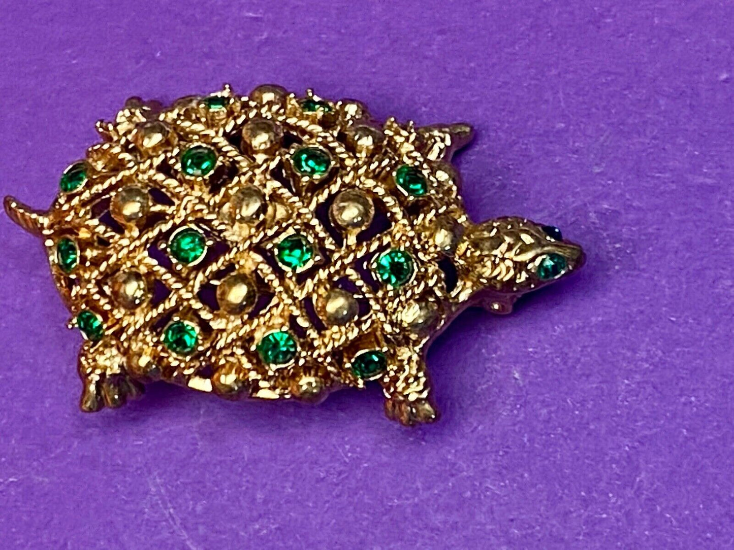 Turtle - Vintage Green Rhinestone Accented Gold Tone Brooch Pin by Allison Reed