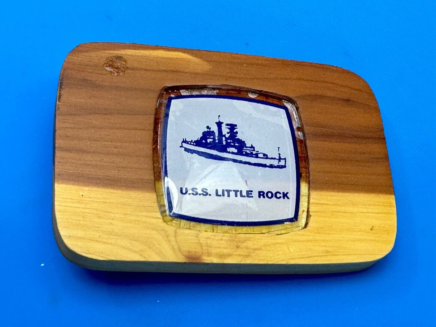 U.S.S Little Rock Combat Navy Ship Pin Custom Artisan Inlaid to Wood Belt Buckle