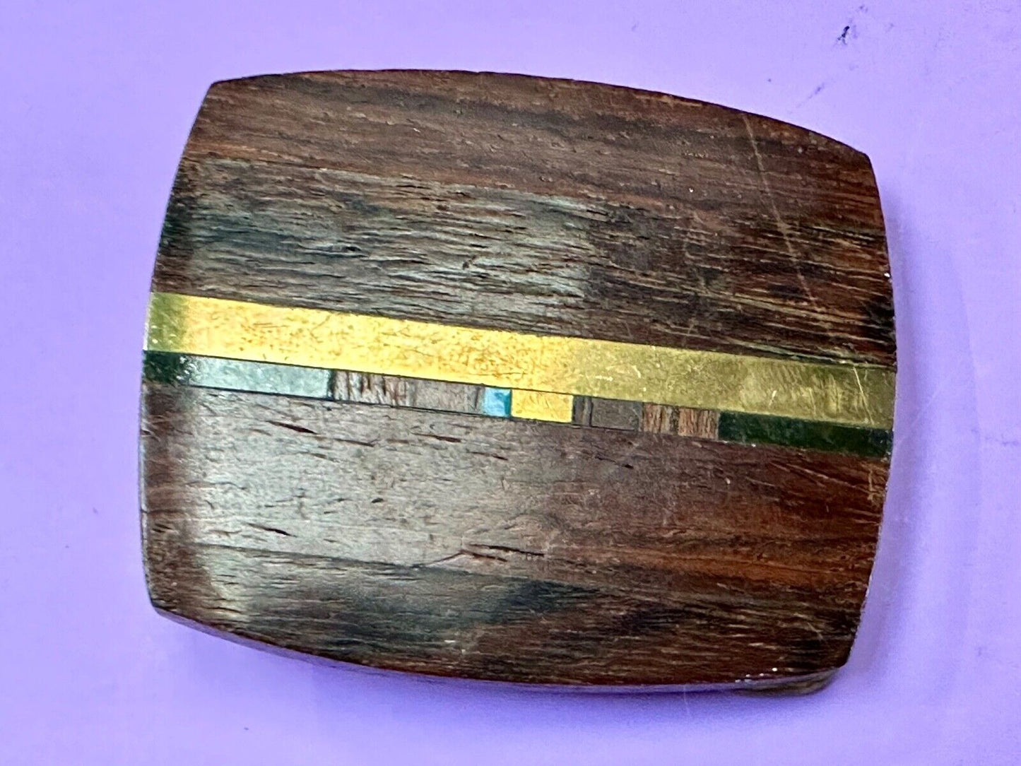turquoise and solid brass inlay to exotic wood Scorpion Products Div belt buckle