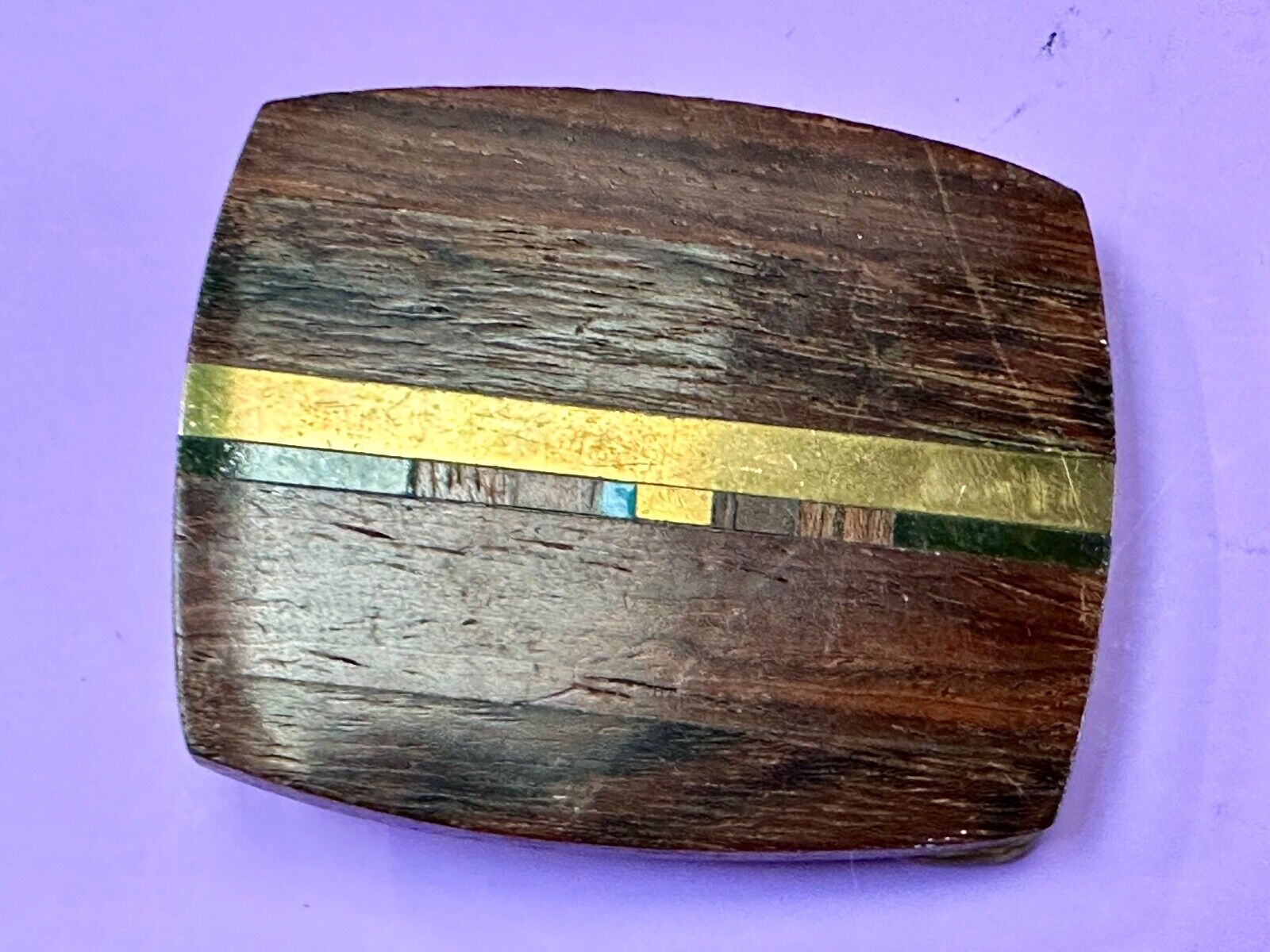 turquoise and solid brass inlay to exotic wood Scorpion Products Div belt buckle