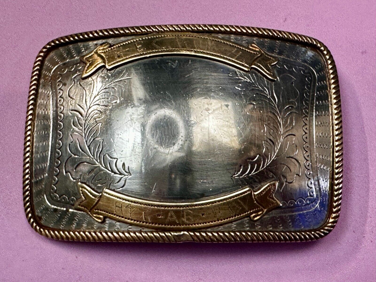 Vintage  E.C Pena Blank Ribbon Engraved Award Trophy Nickel Silver Belt Buckle