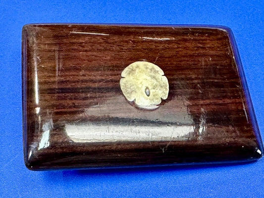 Artisan wood belt buckle with small inlaid sand dollar sea shell