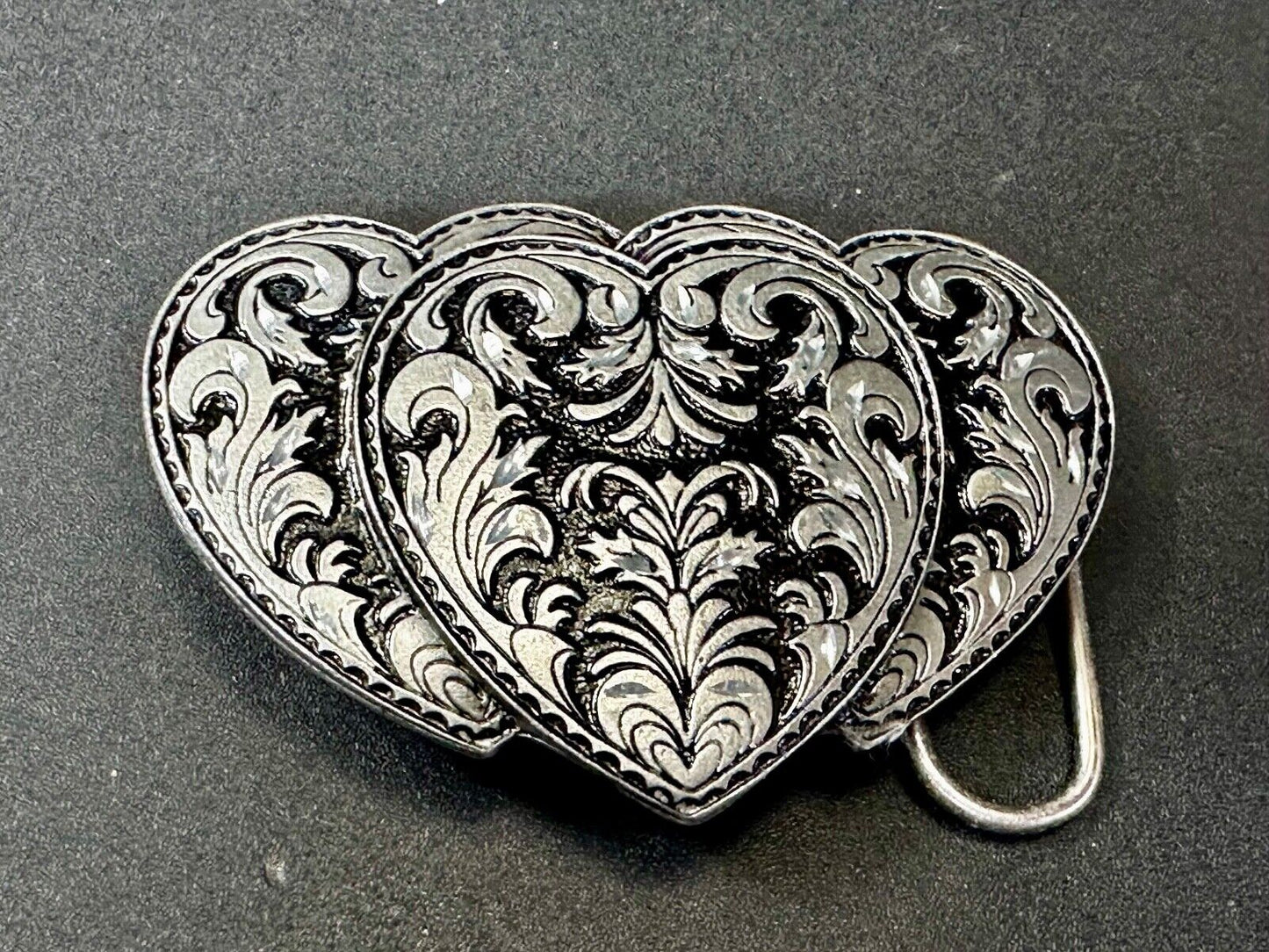 Tripple 3 Hearts. Western Three Heart shaped Vtg. 1995 cutout Belt Buckle by C&J