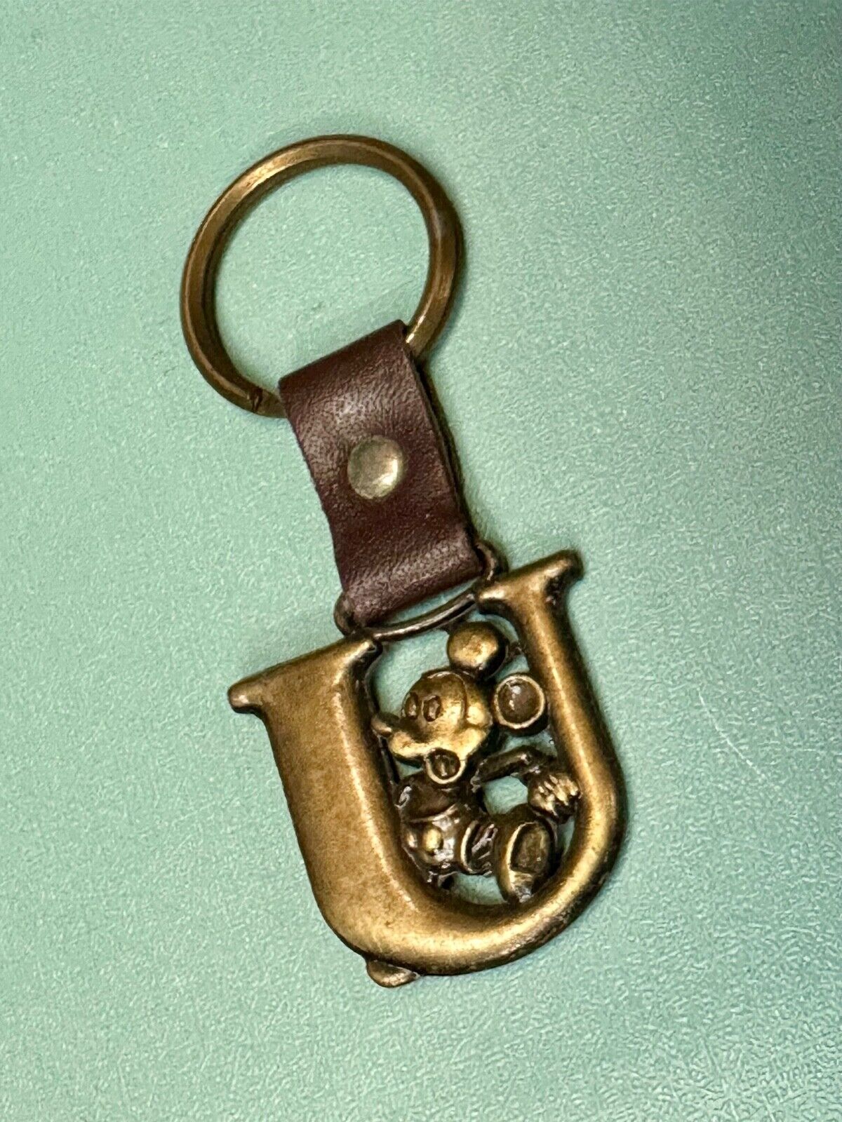 VINTAGE LETTER INITIAL U MICKEY MOUSE DISNEY KEYCHAIN BRASS and LEATHER FOB