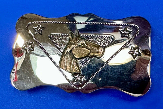 vintage horse head on reflective western silver tone rectangular belt buckle