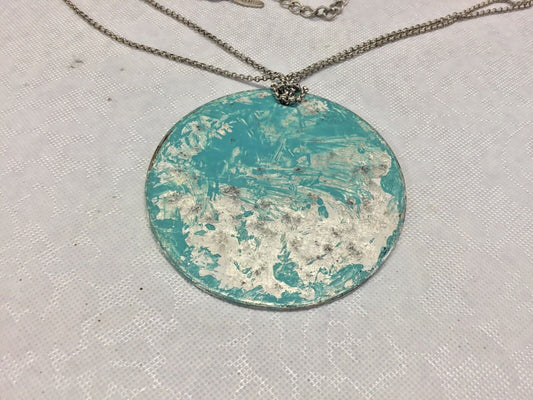 VCLM Abstract Mottled Aqua Round Pendant Silver Tone Double Chain 32" Necklace