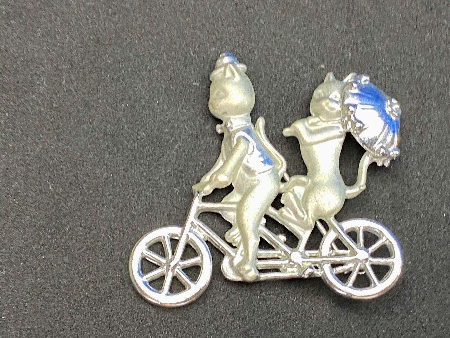 Vintage AJC Two Cats Riding Bicycle  with Umbrella Silver Tone Brooch Pin