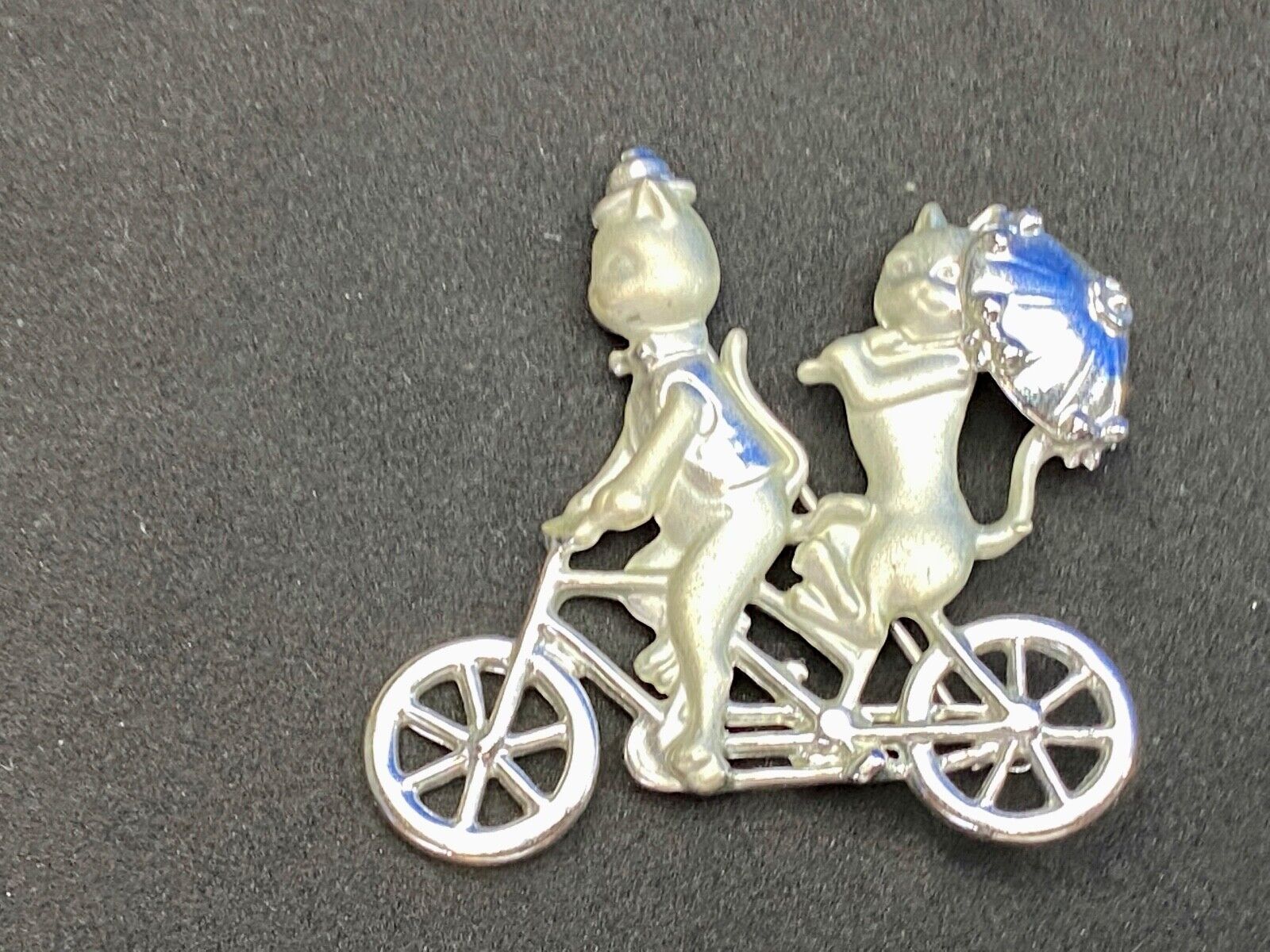 Vintage AJC Two Cats Riding Bicycle  with Umbrella Silver Tone Brooch Pin