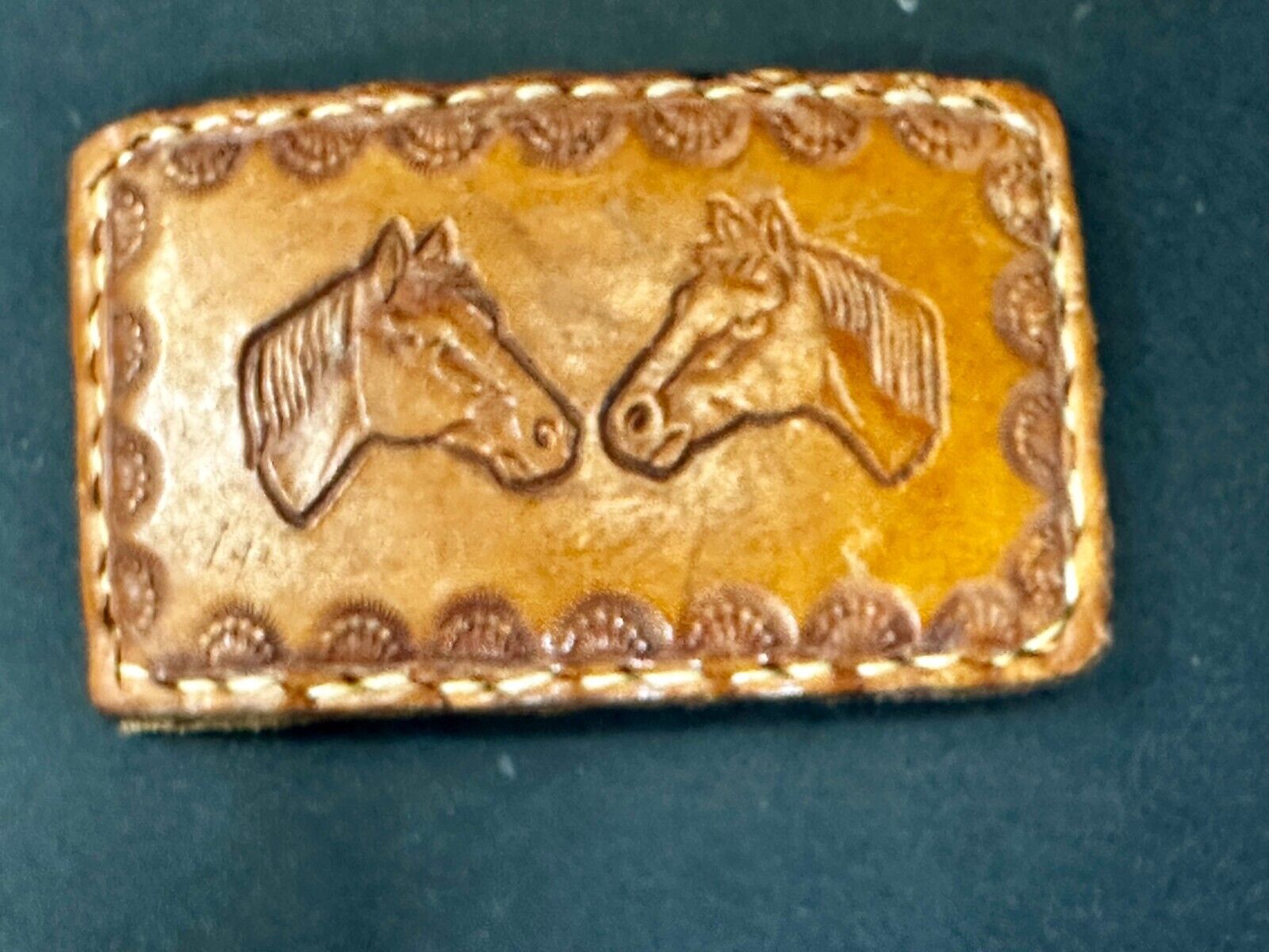 Two Horse Heads Vintage Stitched Brown Leather Rectangular Belt Buckle