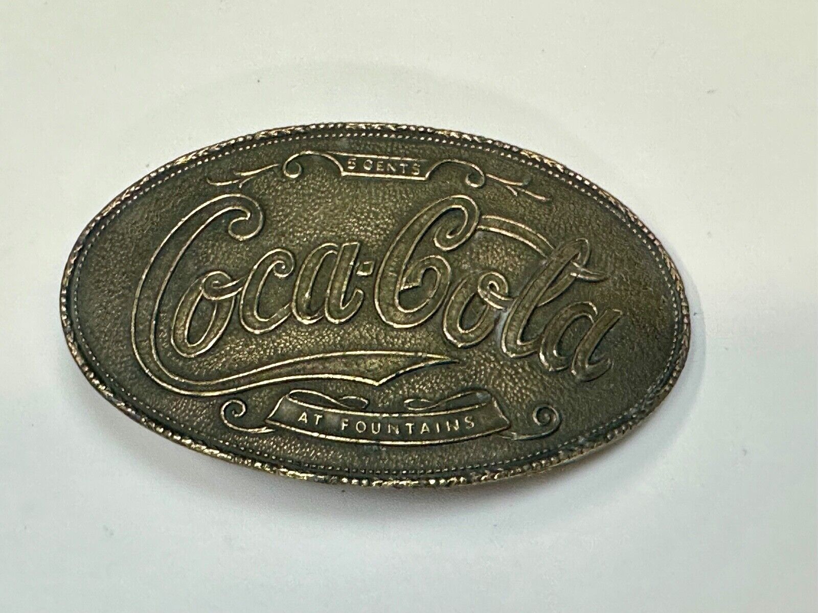 VINTAGE 1970s **COCA-COLA 5 CENTS AT FOUNTAINS** SODA POP BELT BUCKLE