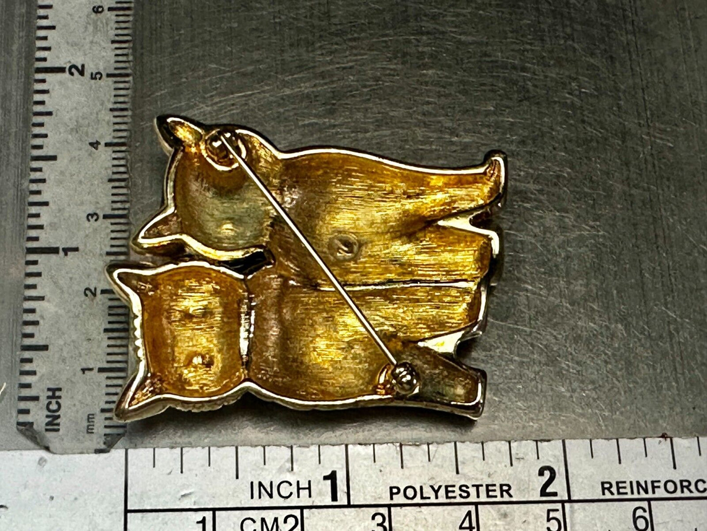 Two Sitting Cats Green Eyes, Black & Gold Kittens Brooch Pin Signed Swarovski
