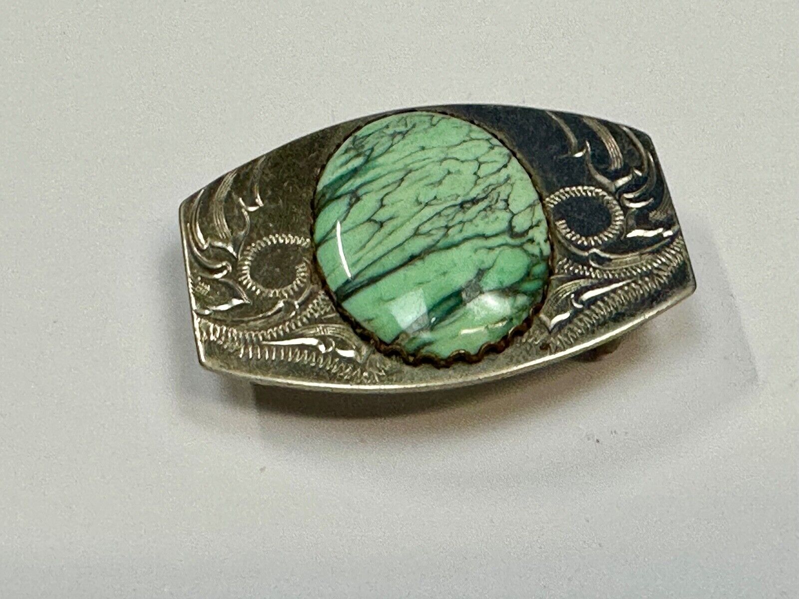 Variscite? Green  Gem Stone Cabochon Centerpiece on Nickel Silver Belt Buckle