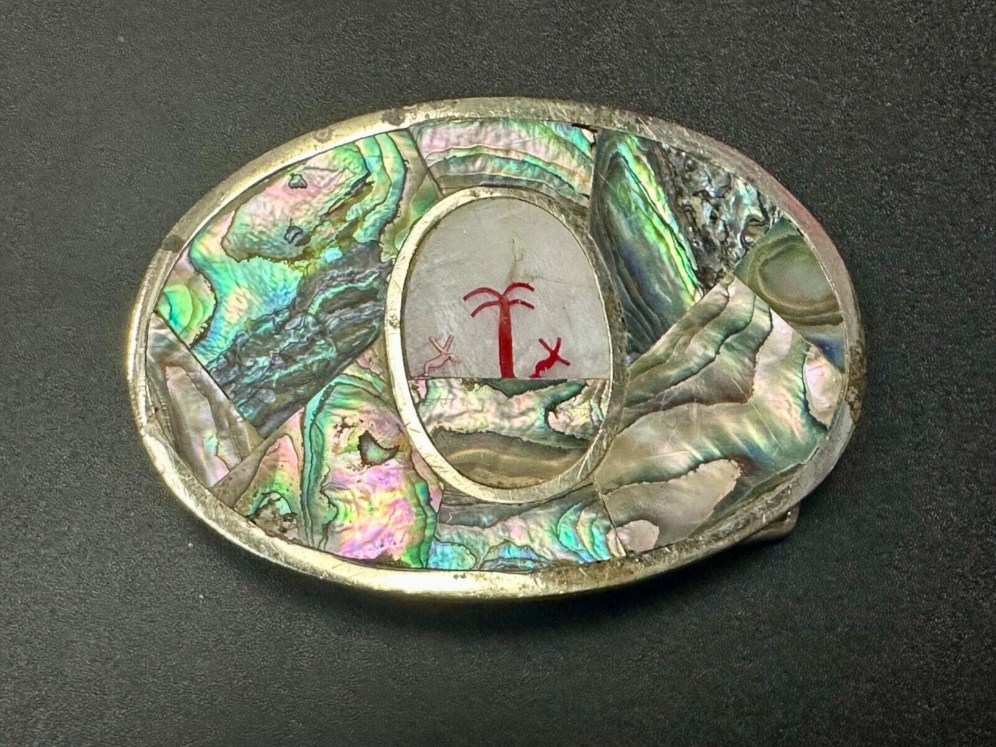 Abalone Shell Ocean Theme Palm Trees  3.5" wide Oval belt buckle from Mexico
