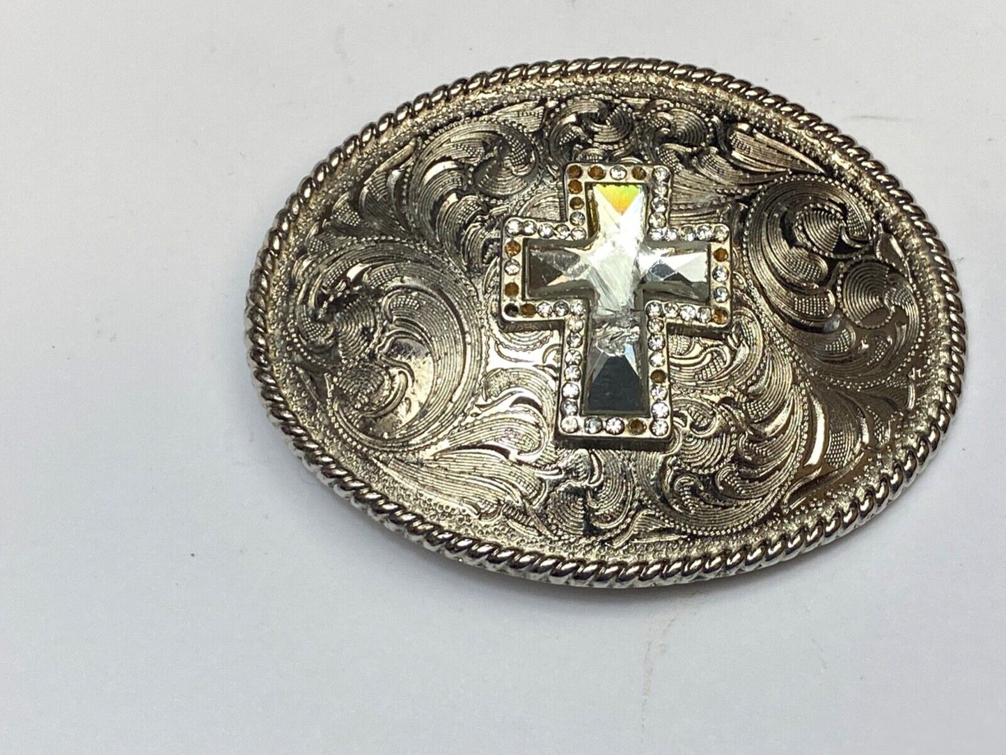 beautiful western cross, engraved flower swirl cowboy cowgirl faith belt buckle
