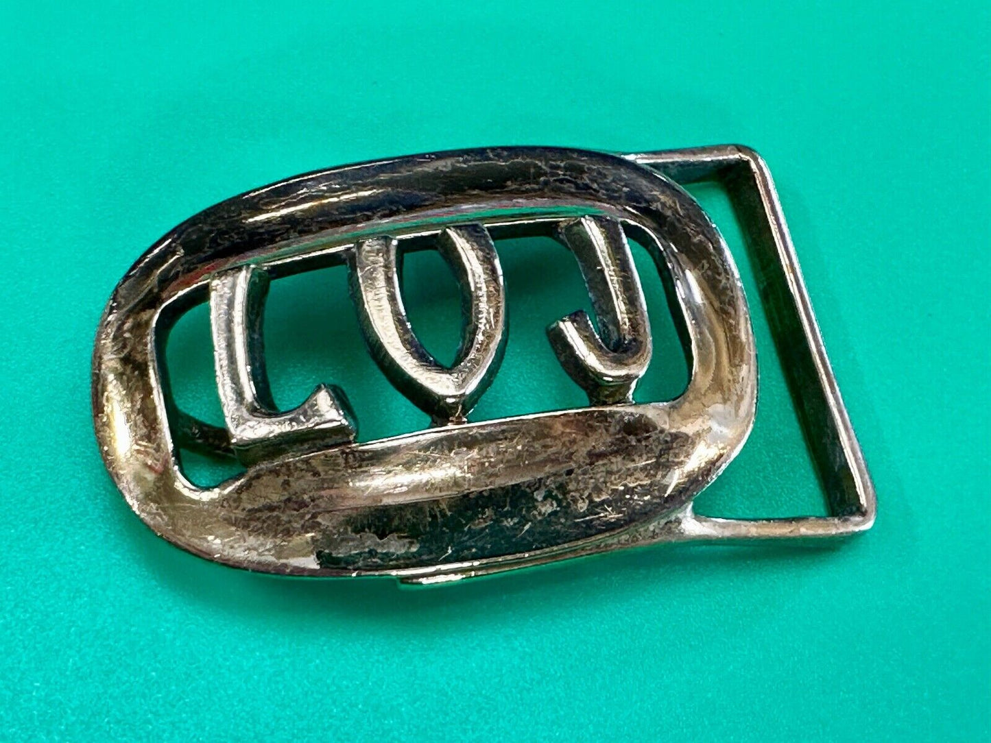 Vintage LVJ LUJ gold tone block letters cutout belt buckle