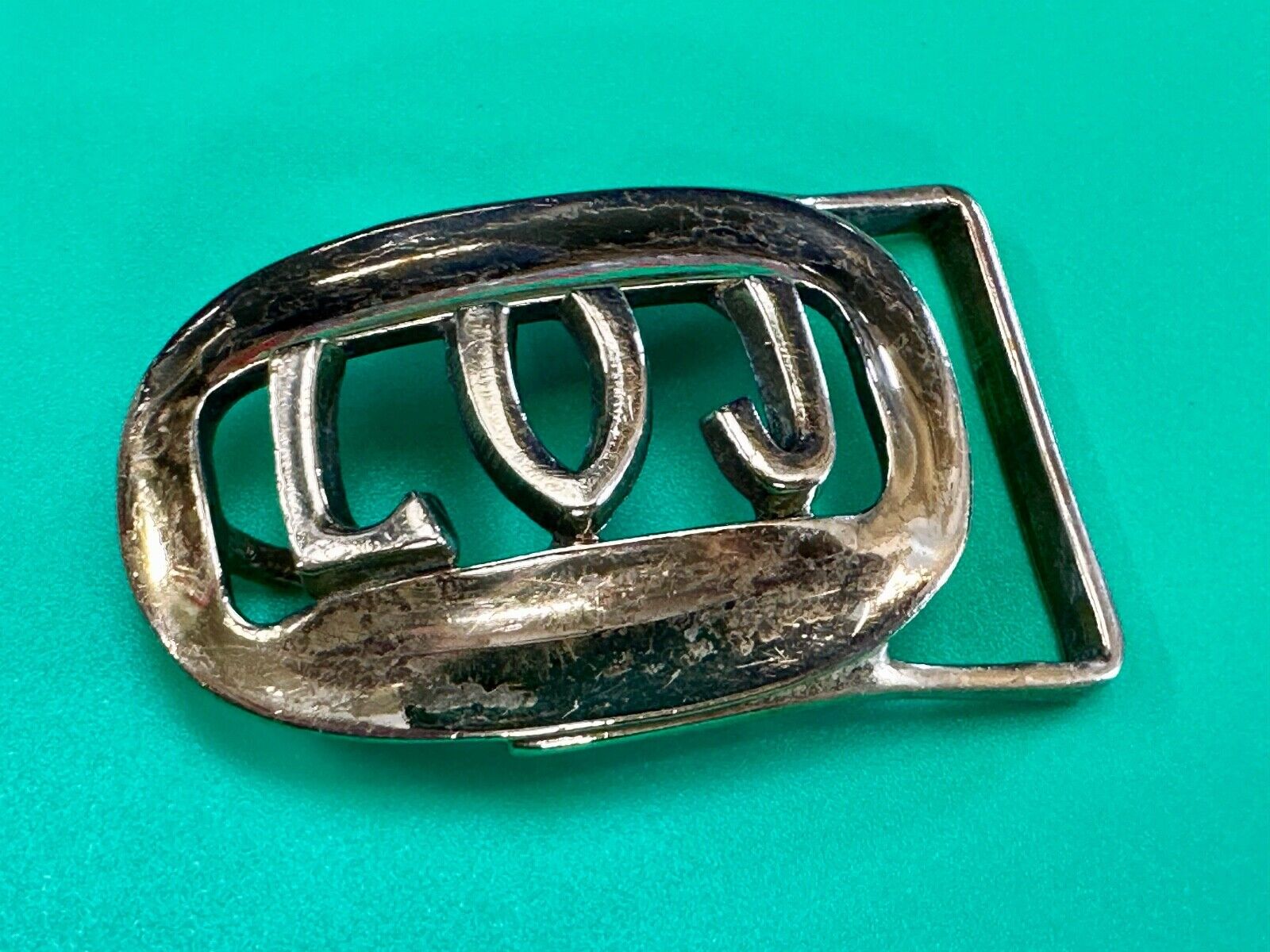 Vintage LVJ LUJ gold tone block letters cutout belt buckle