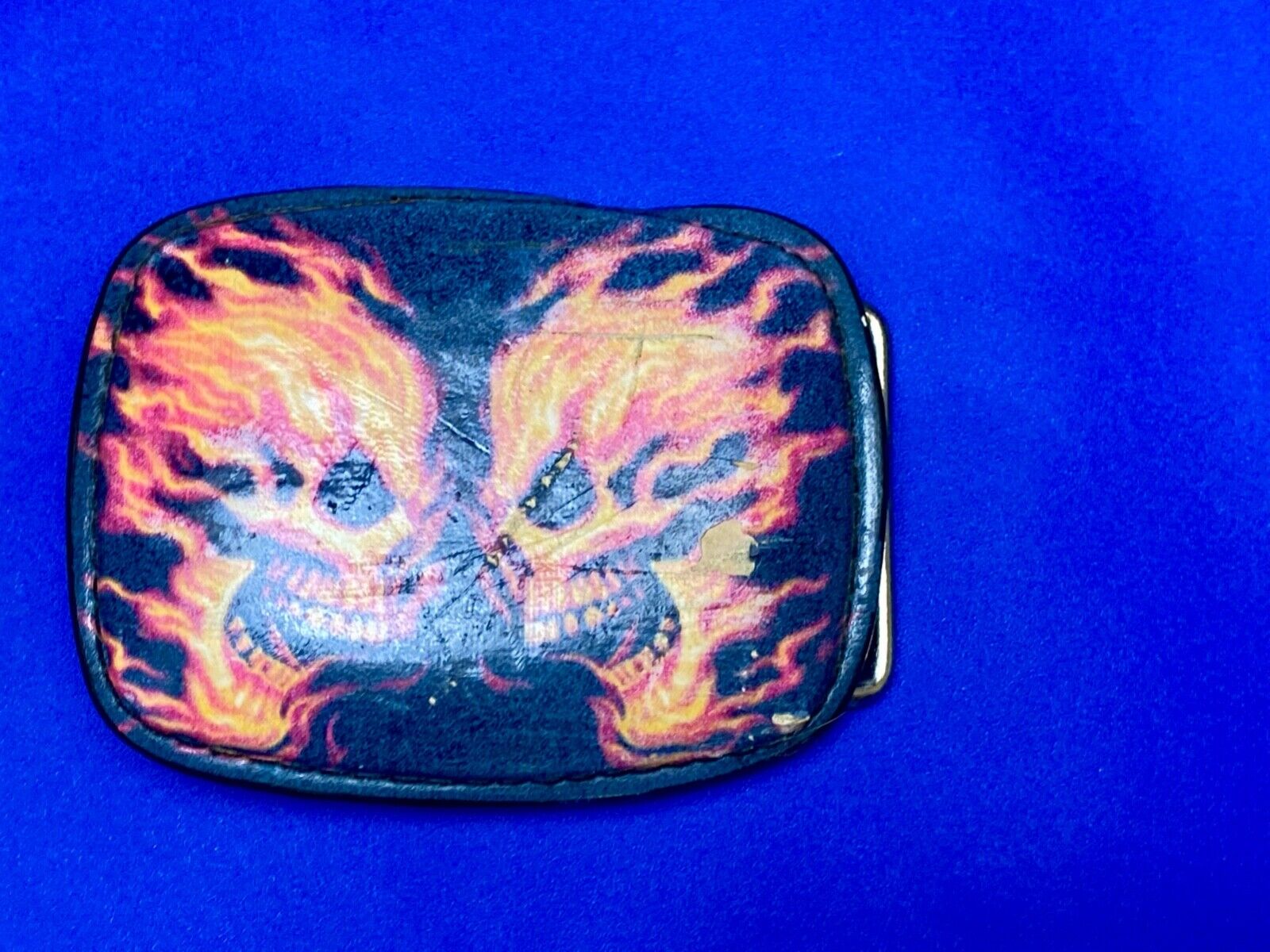 Two Flaming Skulls Heads Facing Each Other Black Belt Buckle