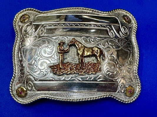 A man with his horse two tone, red ruby Belt Buckle - blank award scrolls