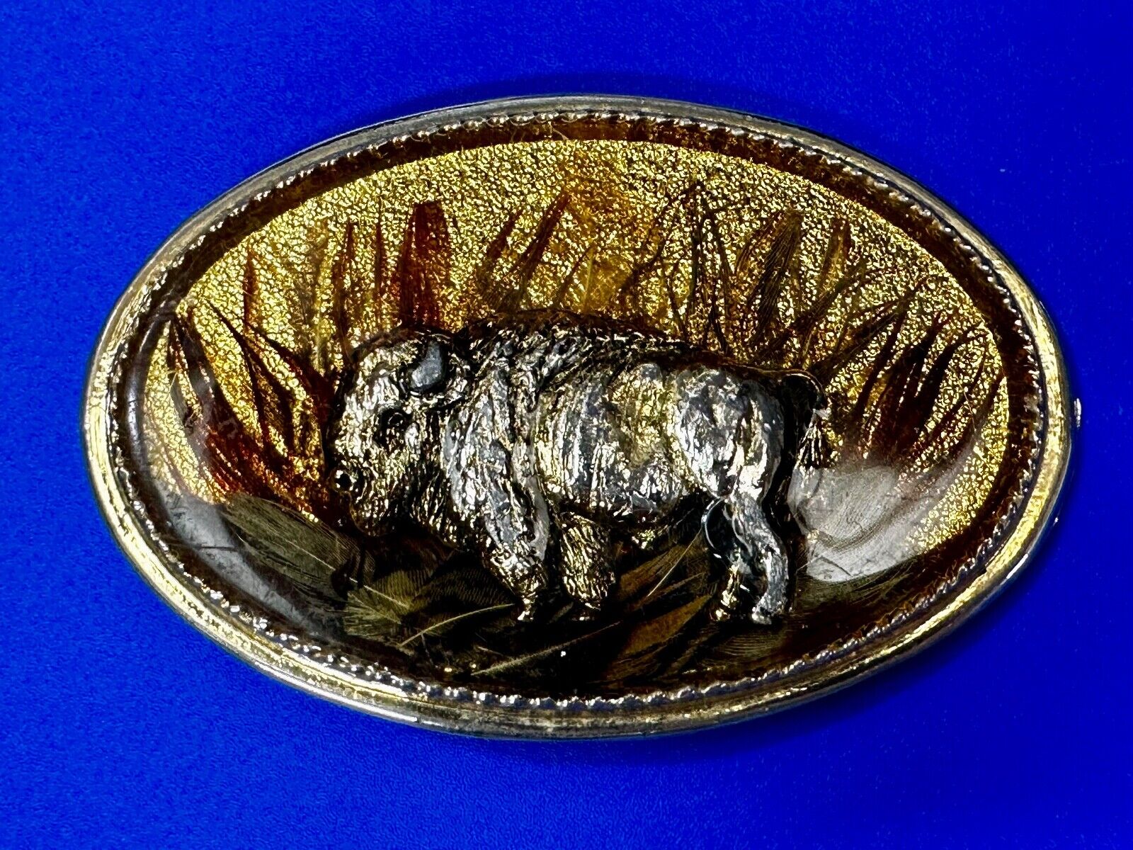 3D Buffalo in wheat grass - Raised from gold tone Vintage Belt Buckle