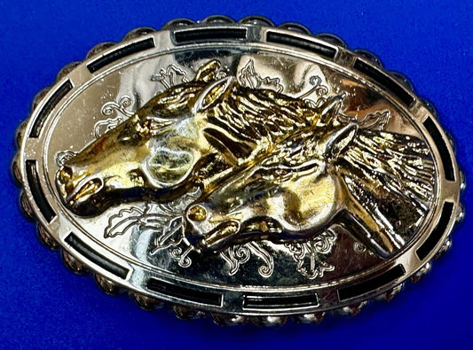 Two horse heads - Vintage two tone oval Belt Buckle with reflective backing