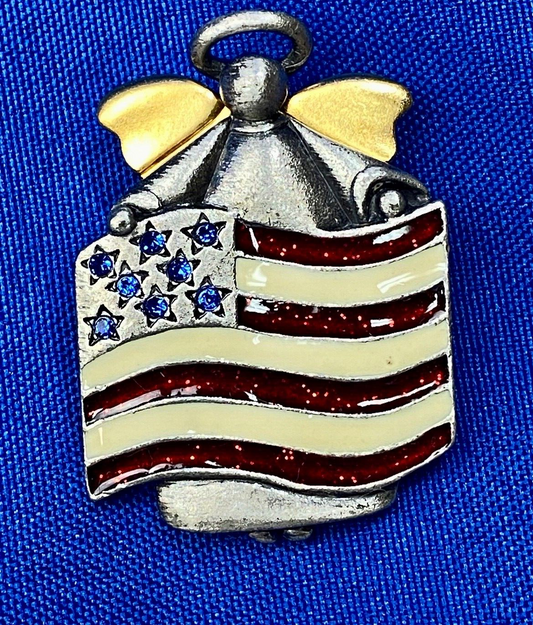 AJMC Signed Angel Holding Patriotic USA Flag Heart Brooch Pin