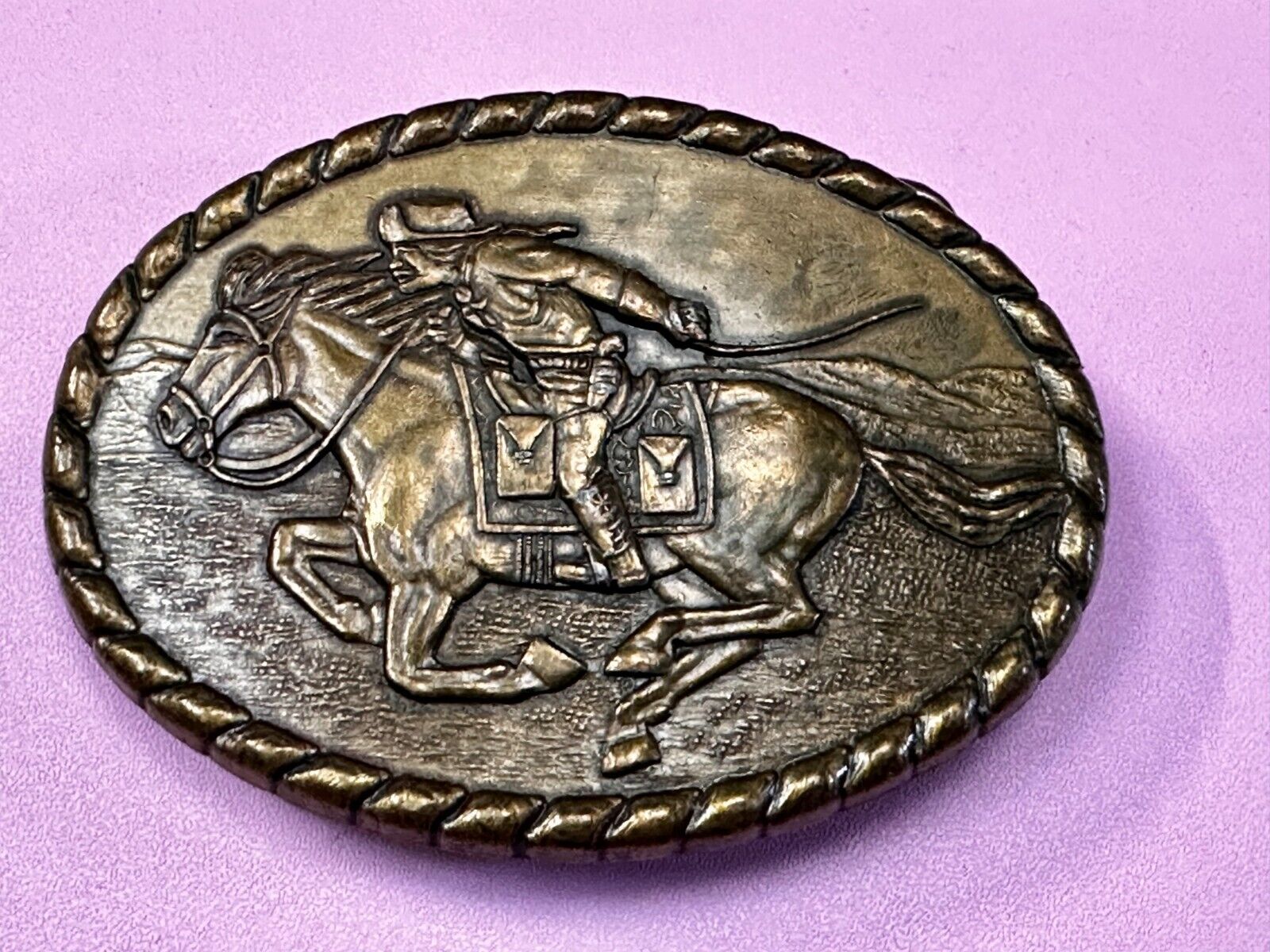 Vintage 1981 Pony Express Rider Mervyn's Commemorative Brass Tone Belt Buckle