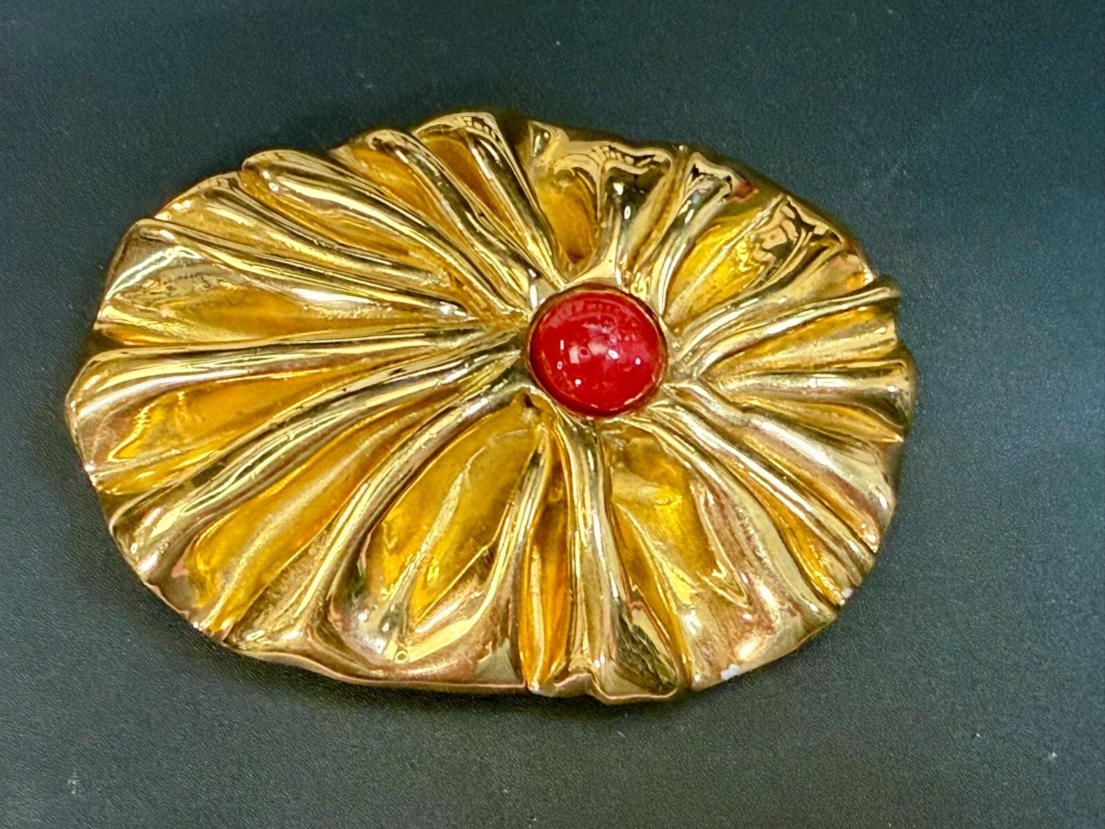 Antique Textured Metal W/ Centered Red Stone Gold Tone Belts by Lois Belt Buckle