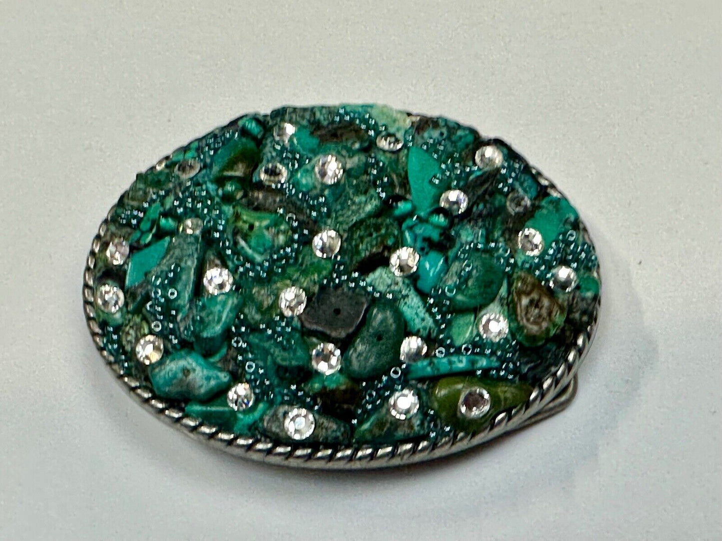 Artisan Chunky shades of Green and clear rhinestone mixed material belt buckle