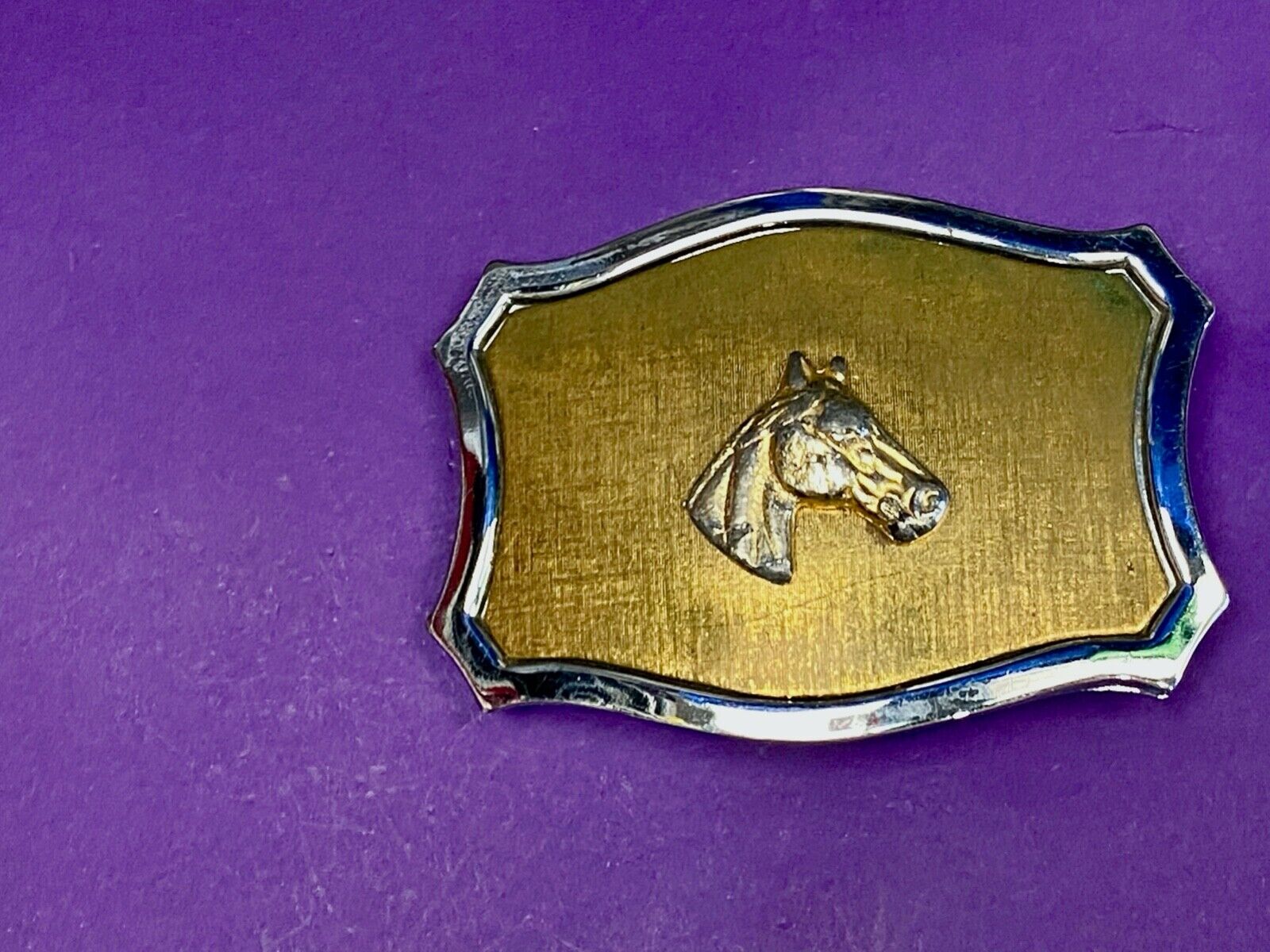 Vintage Horse Head Centered On Western Gold Tone Belt Buckle - Unique Background