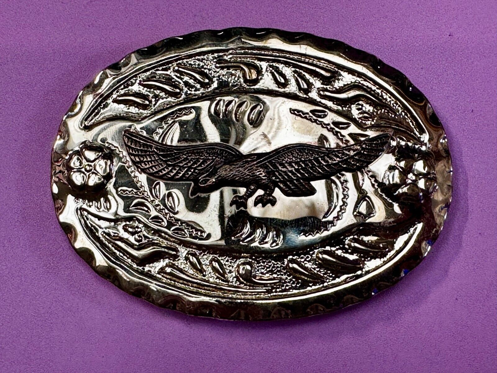 American Bald Eagle Flying Hunting Soaring Ornate Gold Color Western Belt Buckle