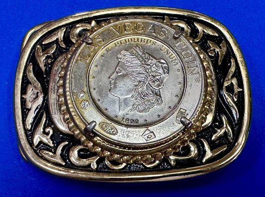 VINTAGE CASINO SOUVENIR LAS VEGAS NEVADA DOLLAR FAUX 1878 COIN METAL BELT BUCKLE
