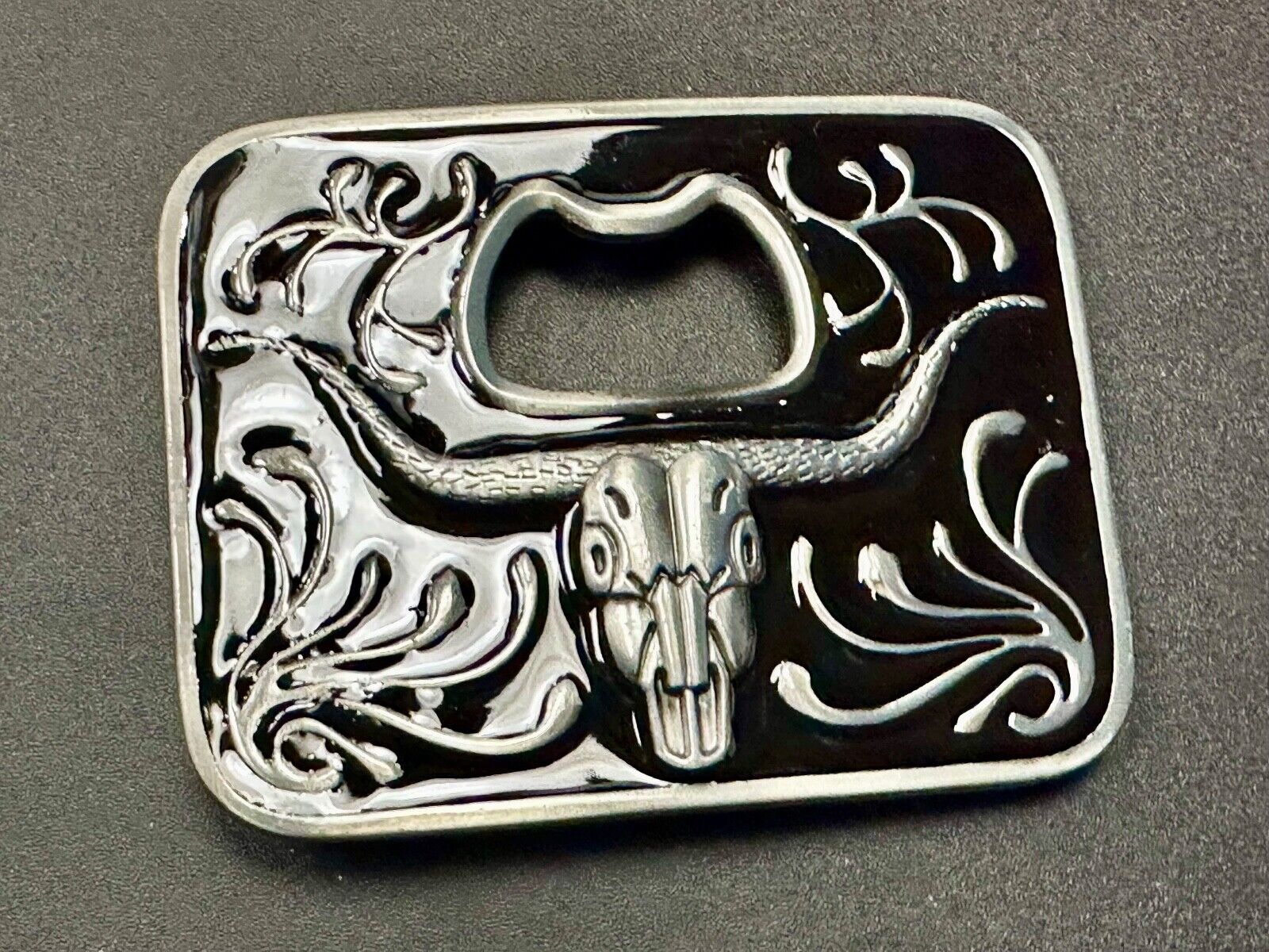 Texas longhorn - black and silver color belt buckle bottle opener