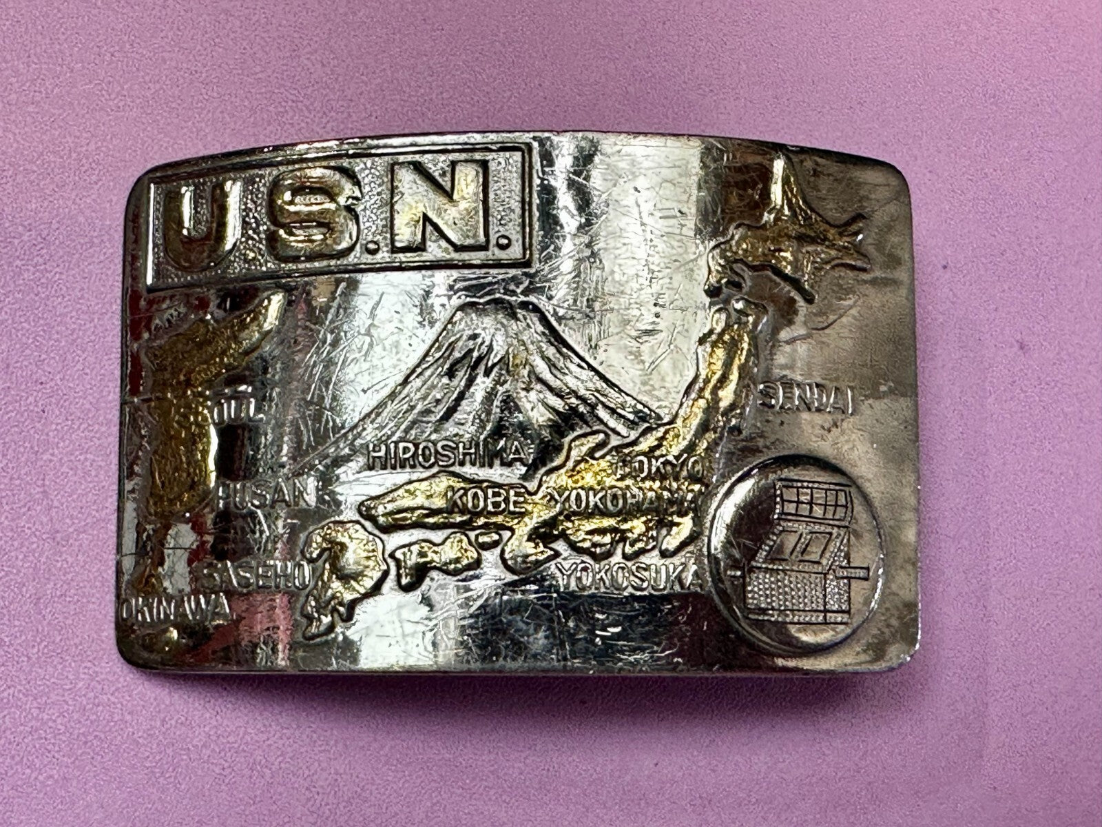 USN United State Navy Japan Korea Map Military Style Ratchet Belt Buckle
