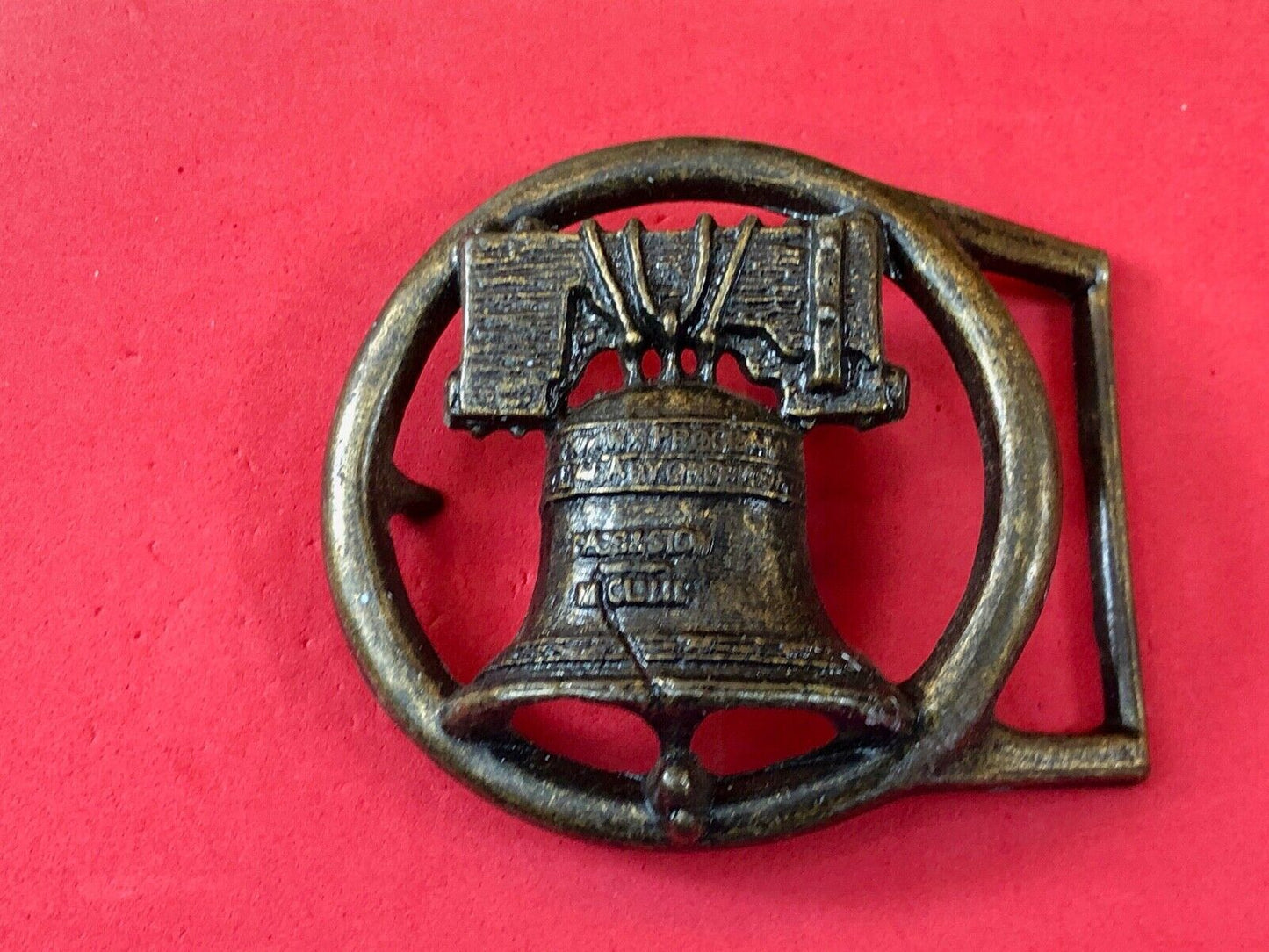 Vintage Figural Cut out Round Skeleton Liberty Bell Belt Buckle 