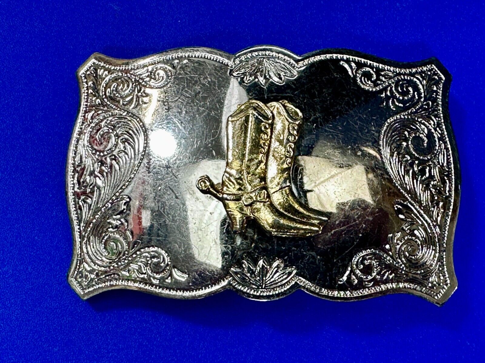 Vintage Cowboy Boots Engraved Swirl Border Two Tone Western Style Belt Buckle