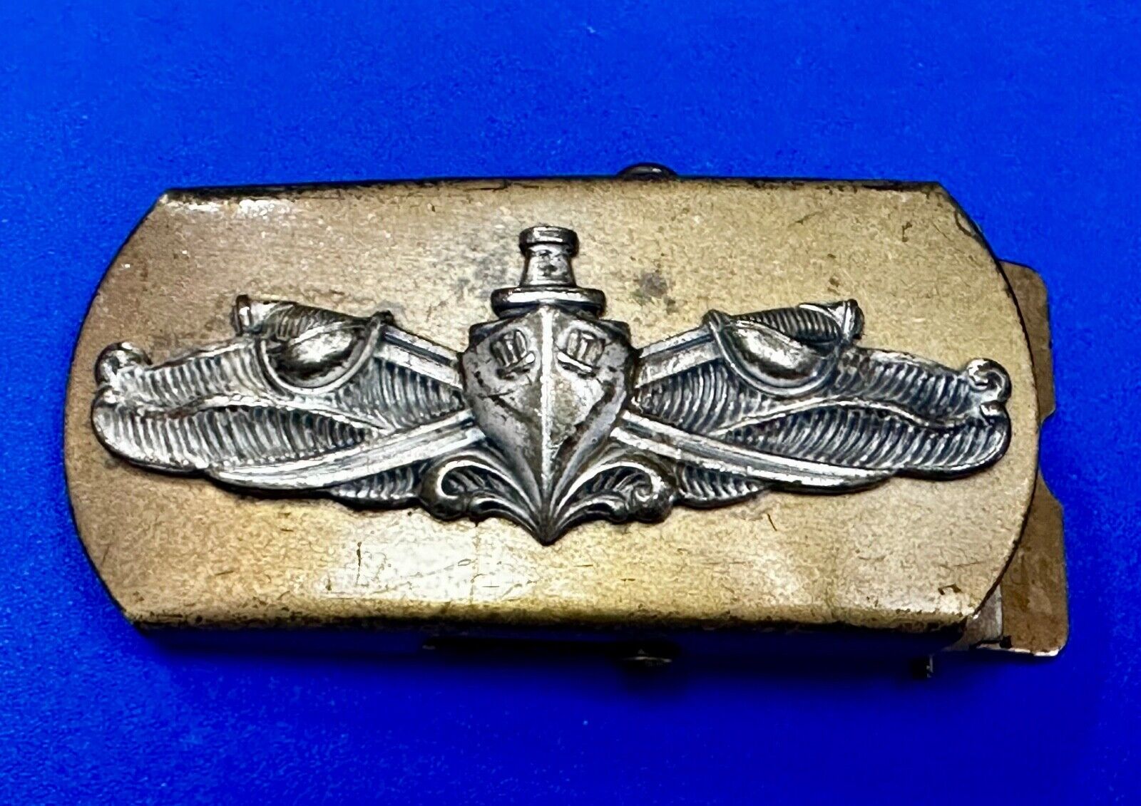 US Navy Air Warfare Specialist Military Silver Brass Tone Vintage Belt Buckle