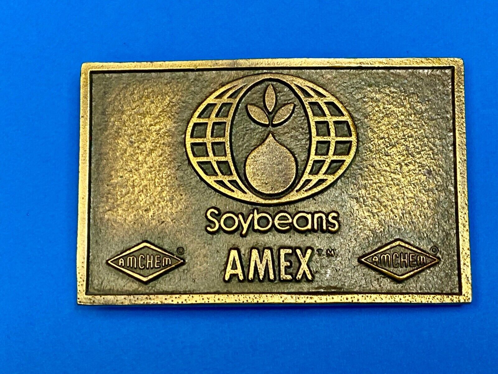 VINTAGE 1970s **SOYBEANS AMEX AMCHEM** AGRICULTURE FARMING BELT BUCKLE