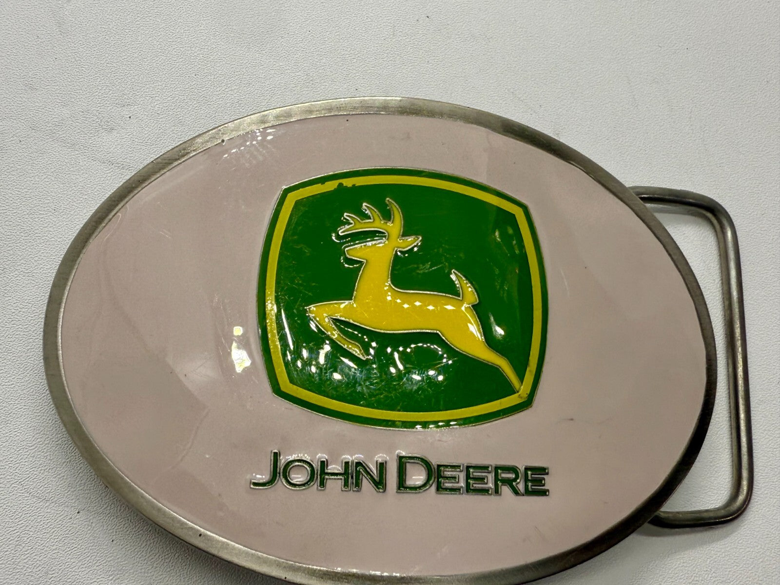 Vintage John Deere Pink Girlie Jumping Deer Logo Farm Tractors Belt Buckle