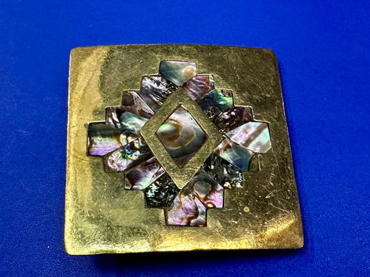 Vintage Inlaid Abalone Shell Into Solid Brass Hippy Vibe Alpaca? Belt Buckle